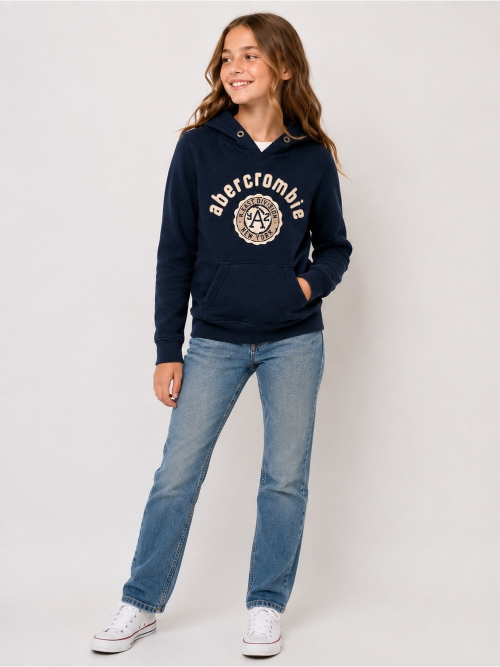Abercrombie Girls Y2K Navy Logo Hoodie Sweatshirt Fleece Size Large - Picture 1 of 4